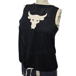 Under Armour Project Rock Womens Tank Top Small Black Mesh Bull Logo Drawstring